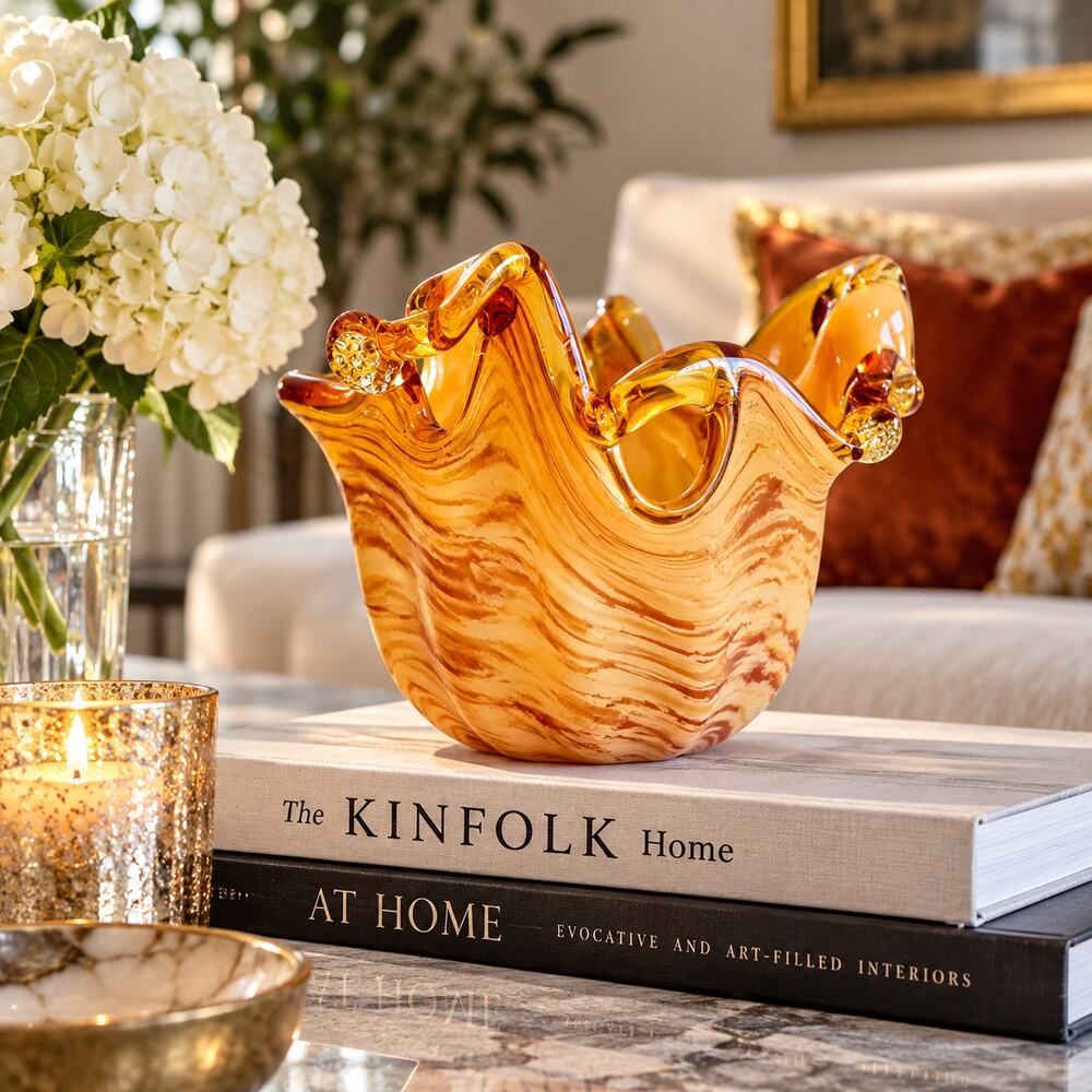 White Cristal Italy Amber Art Glass Centerpiece Bowl Murano Style